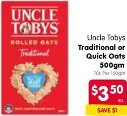 Spar Uncle Tobys Traditional or Quick Oats offer