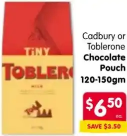 Spar Cadbury or Toblerone Chocolate Pouch offer