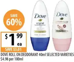 Supabarn Dove roll on deodorant offer