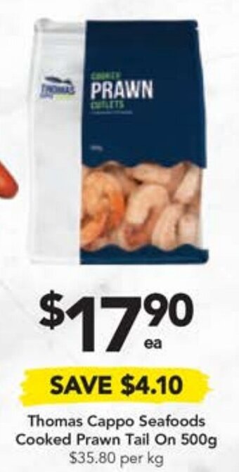 Drakes Thomas Cappo Seafoods Cooked Prawn Tail On 500g offer