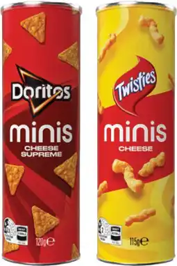 IGA Twisties Cheese Minis 115g or Doritos Cheese Supreme Corn Chips Minis Canister 120g offer