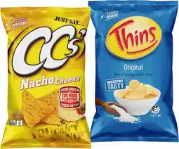 IGA CC’s Corn Chips 175g, Thins Chips 150‑175g or Thins Onion Rings 85g Selected Varieties offer