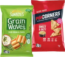 IGA PopCorners 130g, Sunbites Grain Waves Chips 170g or Nobby’s Beef Jerky 25g Selected Varieties offer
