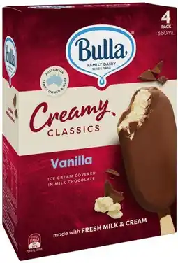 IGA Bulla Creamy Classics Ice Cream 4 Pack Selected Varieties offer