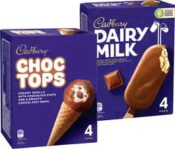 IGA Cadbury Ice Cream Sticks, Choc Tops or Oreo Cookie Top Ice Cream Cones 4 Pack Selected Varieties offer