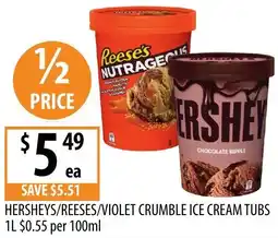 Supabarn Hersheys/reeses/violet crumble ice cream tubs offer