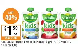 Supabarn Vaalia kids probiotic yoghurt pouch selected varieties offer