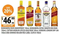 Supabarn Bundaberg, captain morgan spiced gold rum, gordons london dry gin and johnnie walker red label scotch offer