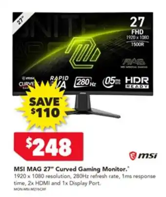 Harvey Norman Msi mag 27" curved gaming monitor offer