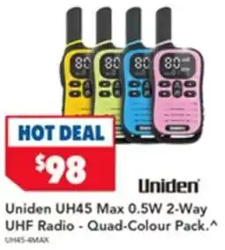 Harvey Norman Uniden uh45 max 0.5w 2-way uhf radio - quad-colour pack offer