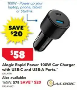 Harvey Norman Alogic rapid power 100w car charger with usb-c and usb-a ports offer