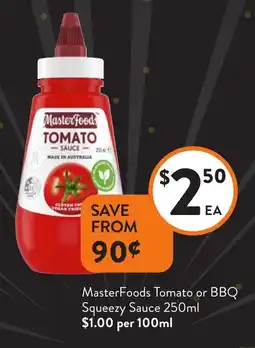 Foodworks MasterFoods Tomato or BBQ Squeezy Sauce offer