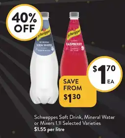 Foodworks Schweppes Soft Drink, Mineral Water or Mixers Selected Varieties offer