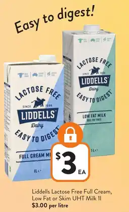 Foodworks Liddells lactose free full cream, low fat or skim uht milk offer