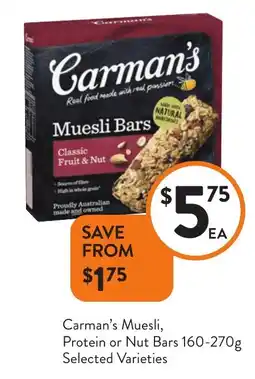 Foodworks Carman's Muesli, Protein or Nut Bars Selected Varieties offer