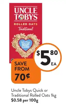 Foodworks Uncle Tobys Quick or Traditional Rolled Oats offer