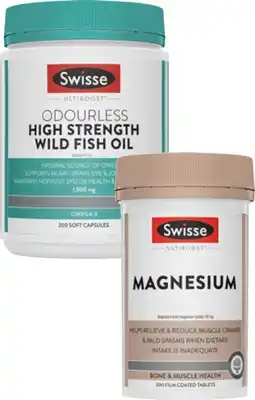 Coles Swisse Ultiboost Magnesium Tablets or Odourless High Strength Wild Fish Oil Capsules 200 Pack^ offer