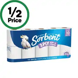 Woolworths Sorbent 3 Ply Toilet Paper Pk 10 offer
