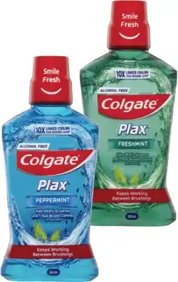 Coles Colgate Plax Fresh Mint or Peppermint Mouthwash 500mL offer
