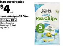 Woolworths Ceres Organics Pea Chips Salted offer