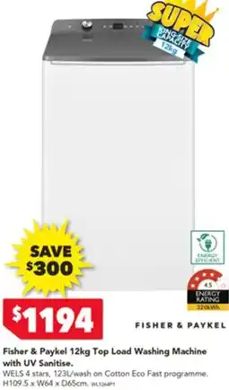 Harvey Norman Fisher & Paykel 12kg Top Load Washing Machine with UV Sanitise offer