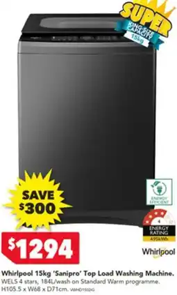 Harvey Norman Whirlpool Sanipro'Top Load Washing Machine offer