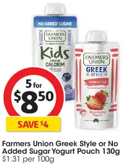 Coles Farmers Union Greek Style or No Added Sugar Yogurt Pouch offer