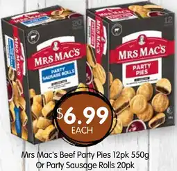 Spudshed Mrs Mac's Beef Party Pies Or Party Sausage Rolls offer