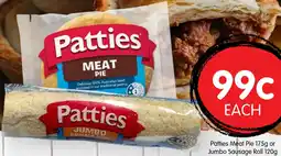 Spudshed Patties Meat Pie or Jumbo Sausage Roll offer