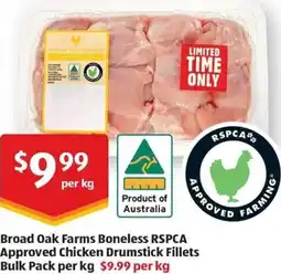 ALDI Broad Oak Farms Boneless RSPCA Approved Chicken Drumstick Fillets Bulk Pack offer
