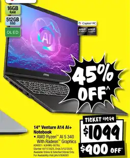 JB Hi-Fi msi 14" Venture A14 Al+ Notebook offer