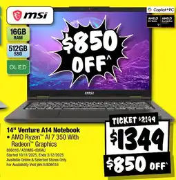 JB Hi-Fi msi 14" Venture A14 Notebook offer