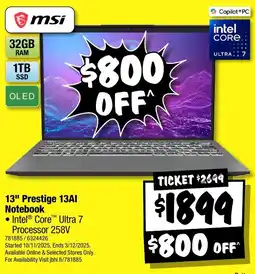 JB Hi-Fi msi 13" Prestige 13AI Notebook offer