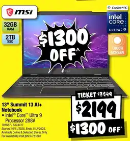 JB Hi-Fi msi 13" Summit 13 Al+ Notebook offer
