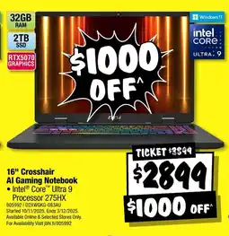 JB Hi-Fi 16" Crosshair Al Gaming Notebook offer