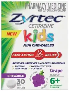 Amcal Pharmacies Zyrtec Kids Allergy & Hayfever Relief Grape Flavour 30 Chewable Tablets offer