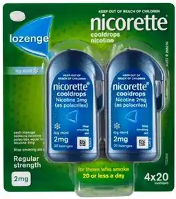Amcal Pharmacies Nicorette Cooldrops 2mg Regular Strength Icy Mint 4 x 20 Lozenges offer