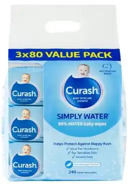 healthylife Curash Simply Water Baby Wipes 3 x 80 Pack offer