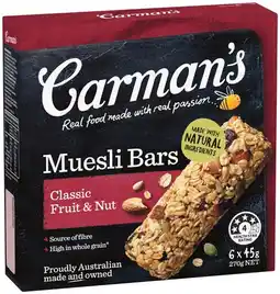 IGA Carman’s Muesli Bars 6 Pack or Nut Bars 5 Pack Selected Varieties offer