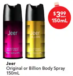 Amcal Pharmacies Jeer Original or Billion Body Spray offer