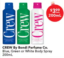 Amcal Pharmacies CREW By Bondi Perfume Co. Blue, Green or White Body Spray offer