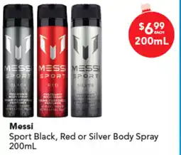 Amcal Pharmacies Messi Sport Black, Red or Silver Body Spray offer