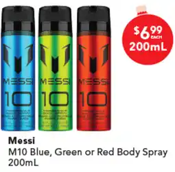 Amcal Pharmacies Messi M10 Blue, Green or Red Body Spray offer