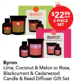 Amcal Pharmacies Byron lime, coconut & melon or rose, blackcurrant & cedarwood candle & reed diffuser gift set offer