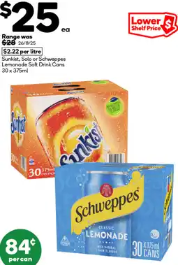 Woolworths Sunkist, Solo or Schweppes Lemonade Soft Drink Cans offer