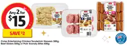 Coles Coles Entertaining Chicken Tenderloin Skewers, Beef Sliders or Pork Kransky Bites offer