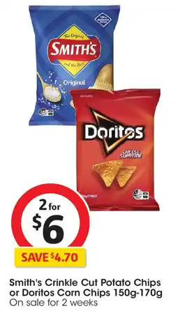 Coles Smith's Crinkle Cut Potato Chips or Doritos Corn Chips offer
