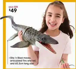 Kmart Jurassic World Rebirth Bite 'N Blast Mosasaurus Action Figure & Mini Dilophosaurus offer