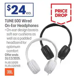 Officeworks Jbl tune 500 wired on-ear headphones black offer