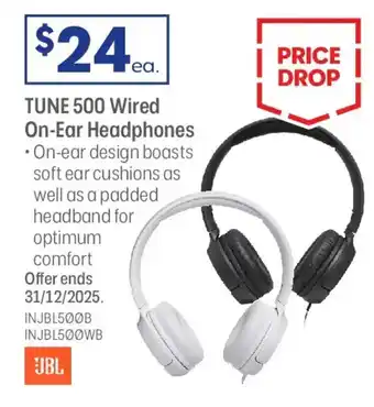 Officeworks Jbl tune 500 wired on-ear headphones black offer